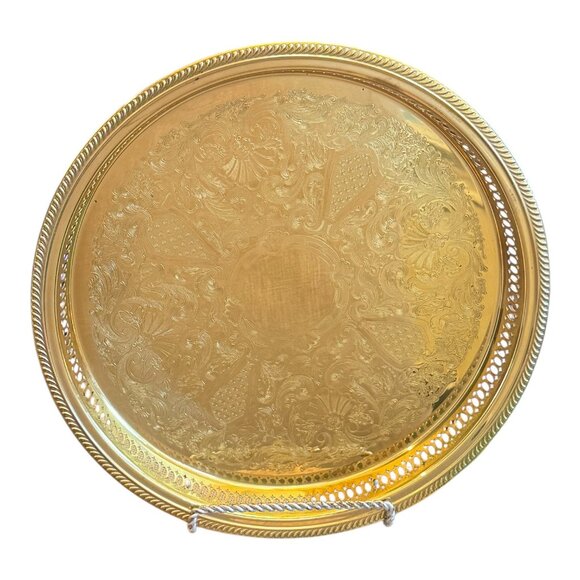 Vintage Ornate Gold-Plated Brass Round Tray 13" Serving Platter W Filigree Sides - Picture 8 of 8